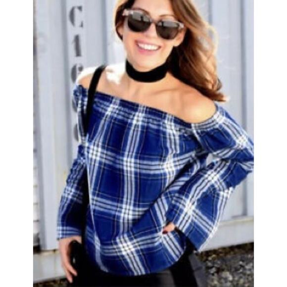 Cloth & Stone Homestead Blue Plaid Off-the-Shoulder Top Small, Anthropologie - Picture 1 of 4